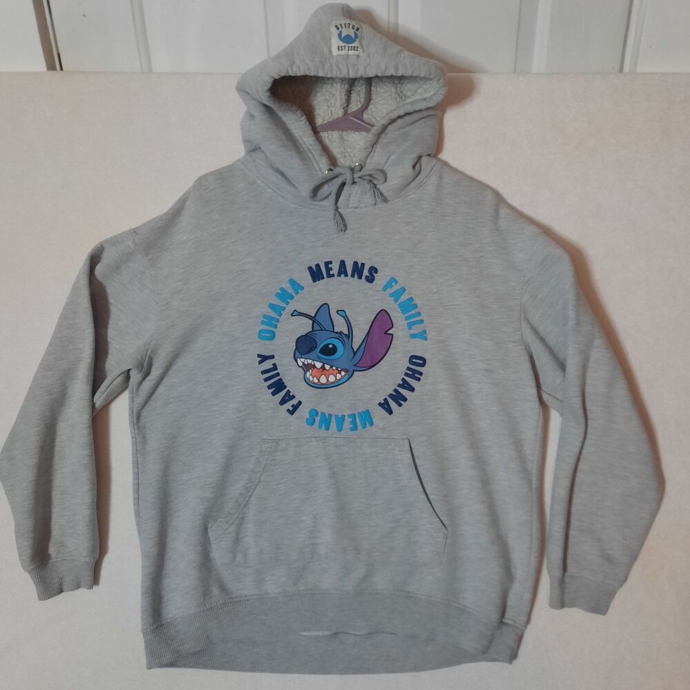 Disney Lilo & Stitch Ohana Means Family Graphic Heather Grey Hoodie Sherpa Hood